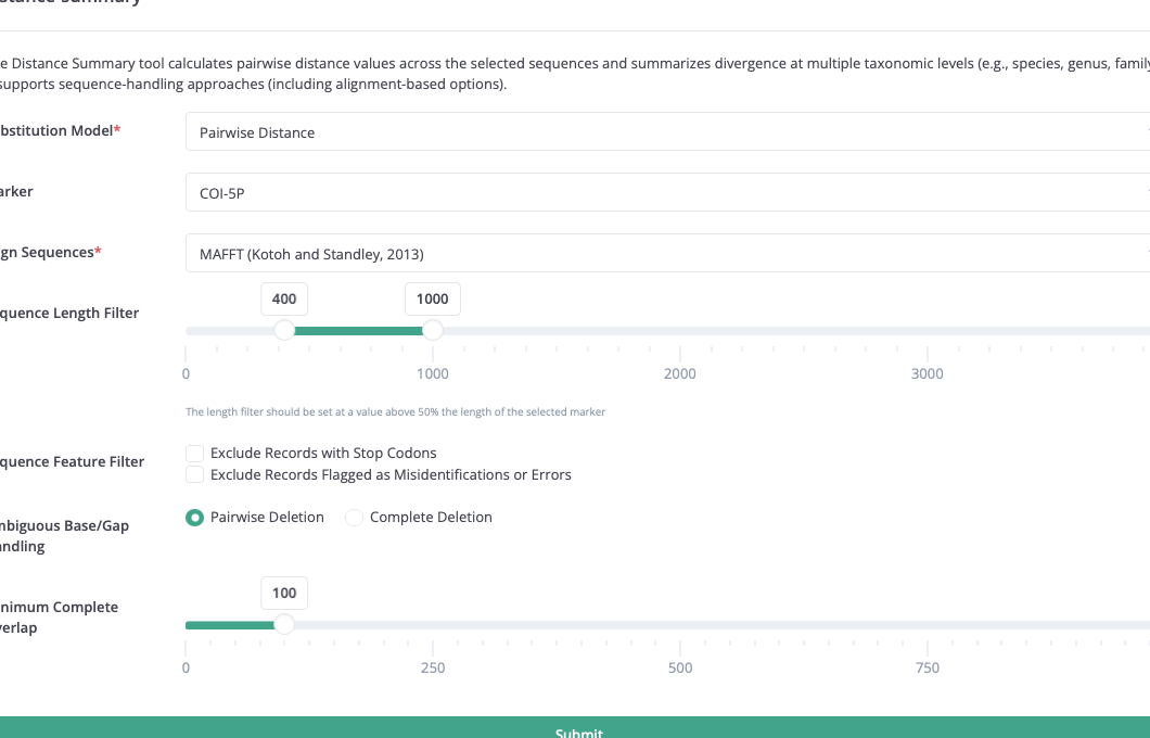 Workbench parameter form for configuring a distance summary analysis.