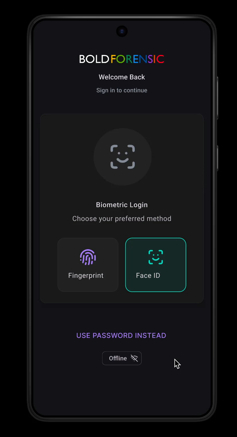BioNexus mobile field data collection screen showing biometric login options and offline state.