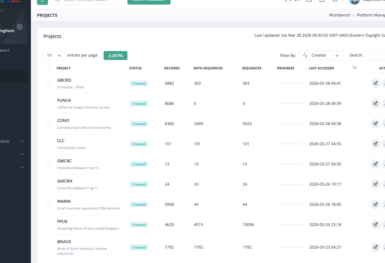 Workbench project administration view showing project counts, status, last access times, and available actions.